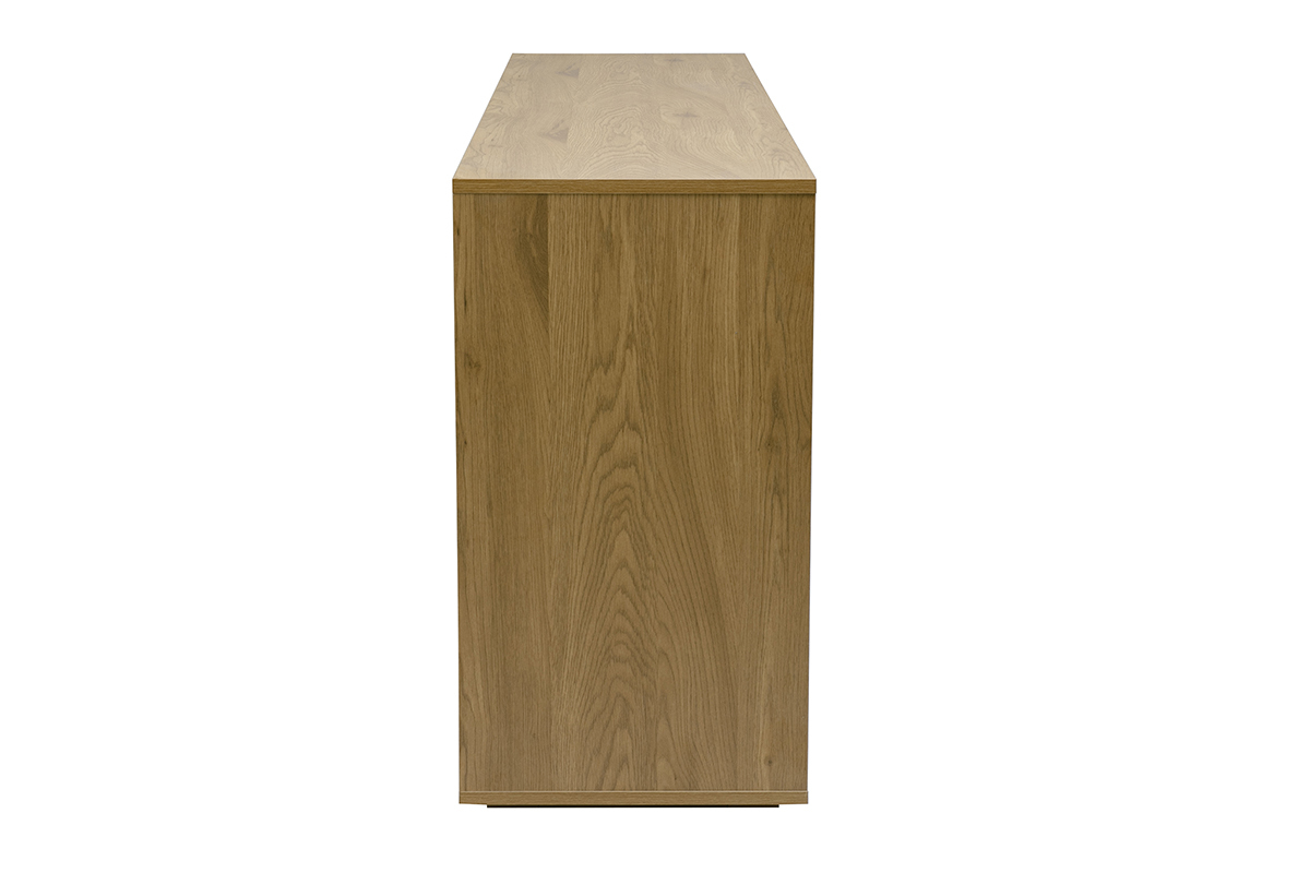 Aparador de madera clara de roble, vista de perfil, 4 puertas, 180 cm de largo, estilo depurado.