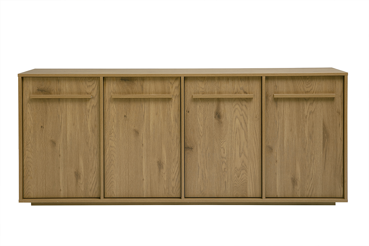 Buffet de madera clara de roble con 4 puertas, vista frontal, dimensiones L180 cm.