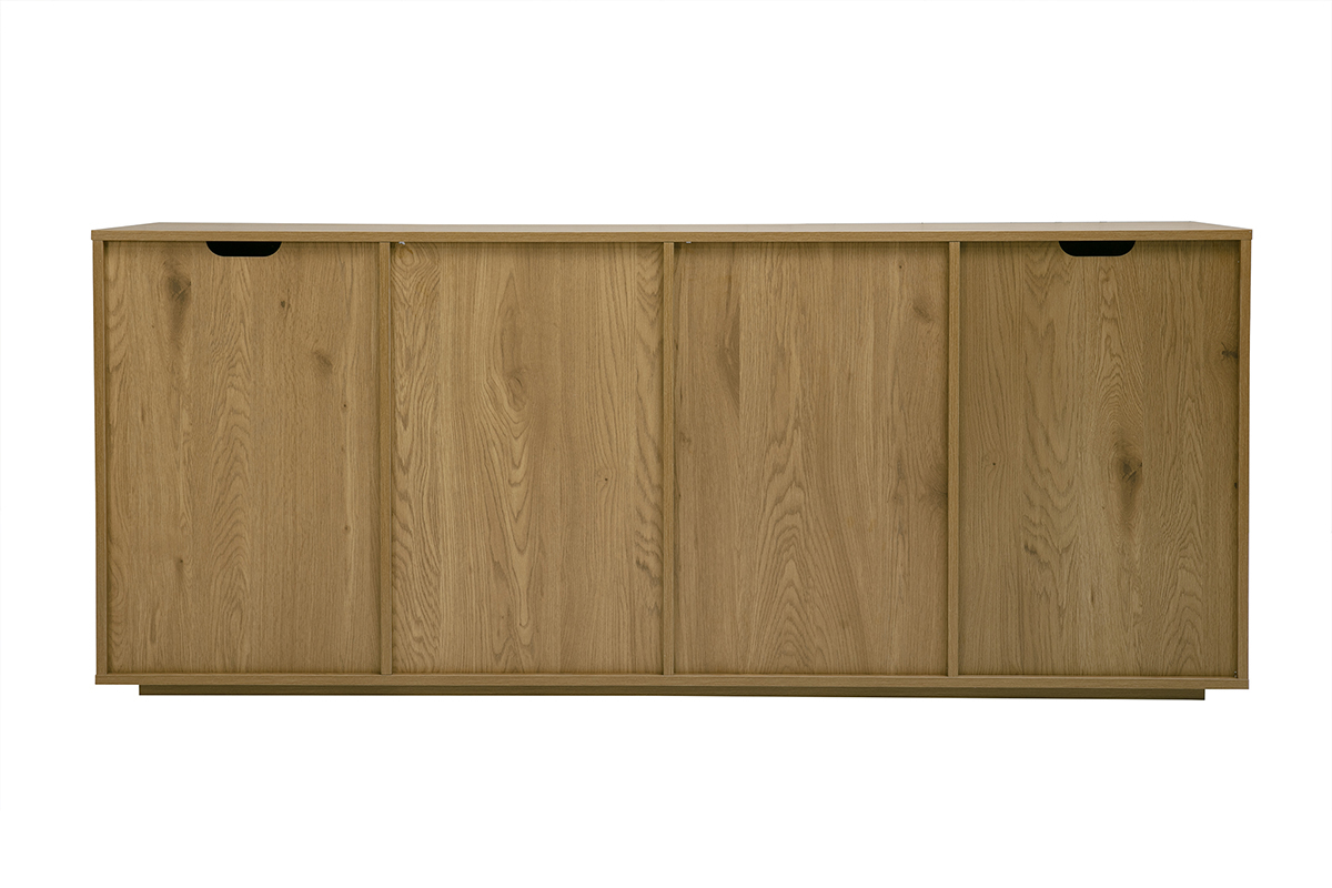 Aparador de madera clara roble de 4 puertas, vista trasera, acabado elegante y depurado, L180 cm.