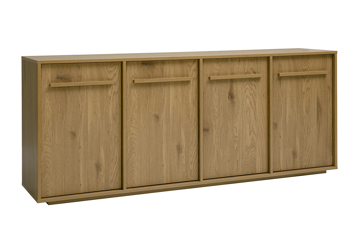Buffet de madera clara de roble, 4 puertas, vista frontal, dise�o minimalista y elegante.