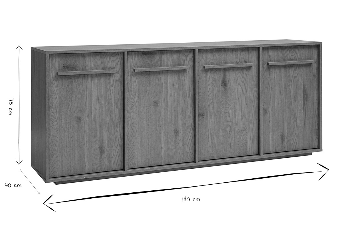 Dimensiones del aparador en blanco y negro: 180 cm de largo, 75 cm de alto, 40 cm de profundidad.