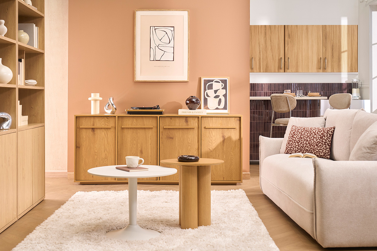 Aparador acabado en madera clara de roble 4 puertas L180 cm LOTHAIRE