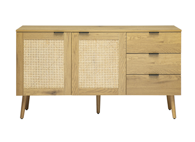 Aparador acabado en madera clara, rejilla de rat&aacute;n y metal negro 2 puertas, 3 cajones L135 cm MANILLE