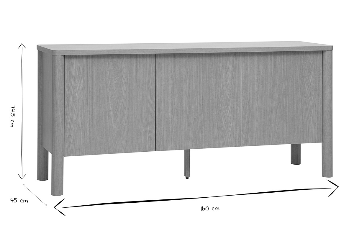 Dimensiones del aparador IZZIE en negro y blanco: 160 cm de largo, 45 cm de profundidad, 74,5 cm de altura.