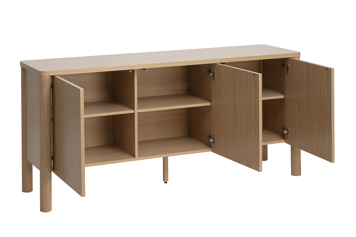 Aparador de madera de roble claro con 3 puertas abiertas, que muestra compartimentos de almacenamiento.