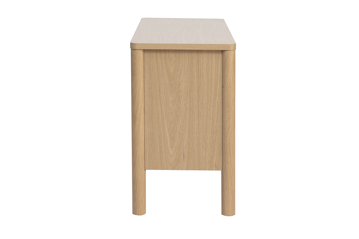 Buffet IZZIE acabado en madera clara de roble, vista de perfil, con patas cil�ndricas de madera maciza.