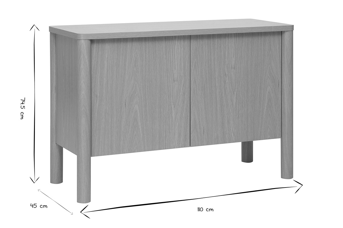 Dimensiones del aparador IZZIE en blanco y negro: 110 cm de ancho, 45 cm de profundidad, 74,5 cm de altura.
