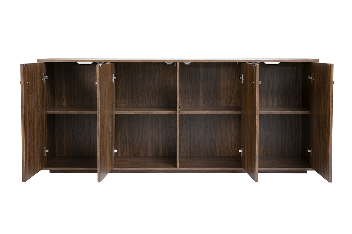 Aparador de madera de nogal oscuro, 4 puertas abiertas, mostrando el interior y los estantes.