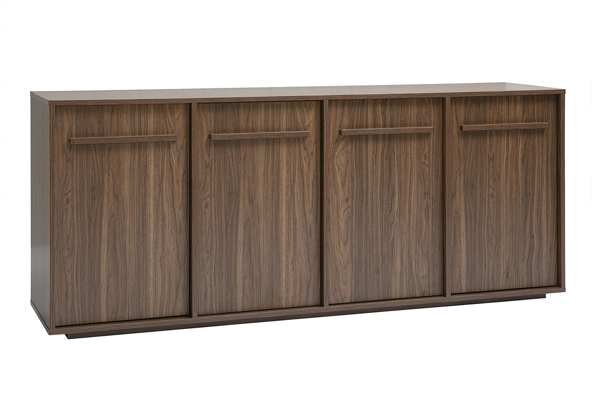 Aparador de madera oscura nogal de 4 puertas, vista de 3/4, mueble de almacenaje moderno