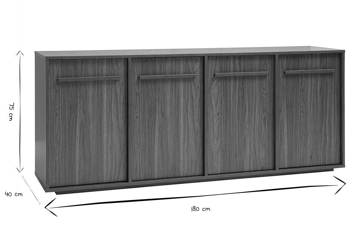 Buffet LOTHAIRE acabado en madera oscura nogal, 4 puertas, con dimensiones en blanco y negro: L180 cm, H75 cm, P40 cm.