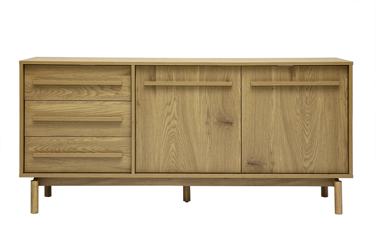 Aparador de madera clara con acabado roble, 2 puertas y 3 cajones, vista frontal