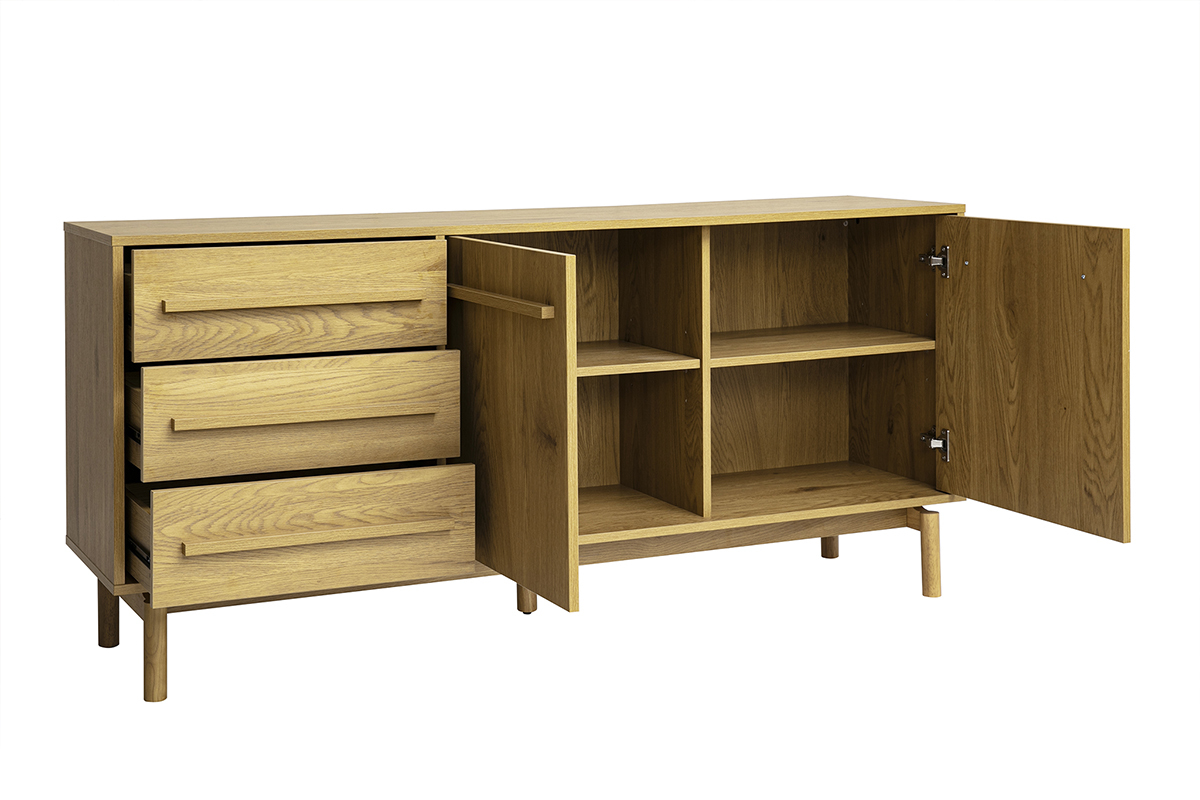 Buffet de madera de roble con 2 puertas y 3 cajones, vista de 3/4, L160 cm.