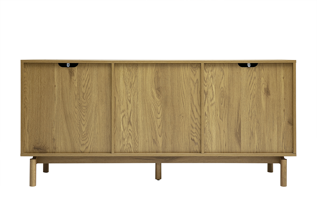 Aparador de madera de roble con 2 puertas y 3 cajones, vista trasera, estilo escandinavo, 160 cm de ancho.