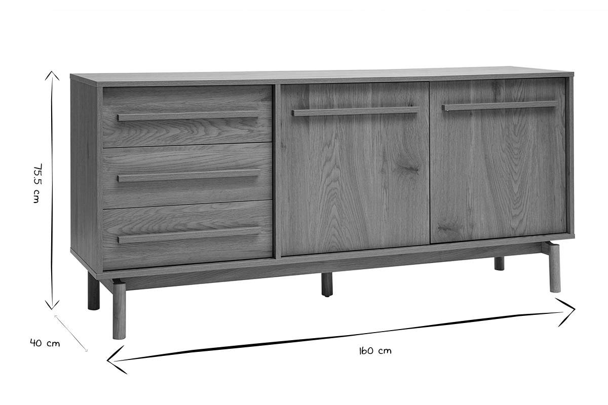 Aparador en blanco y negro con dimensiones: 160 cm de largo, 75,5 cm de alto, 40 cm de profundidad.