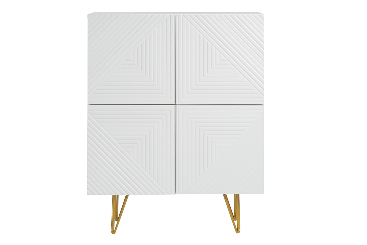 Aparador alto de diseo con 4 puertas y grabados de metal blanco mate y dorado 86 cm OZEN