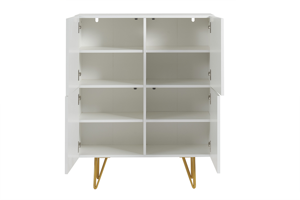 Aparador alto de diseo con 4 puertas y grabados de metal blanco mate y dorado 86 cm OZEN