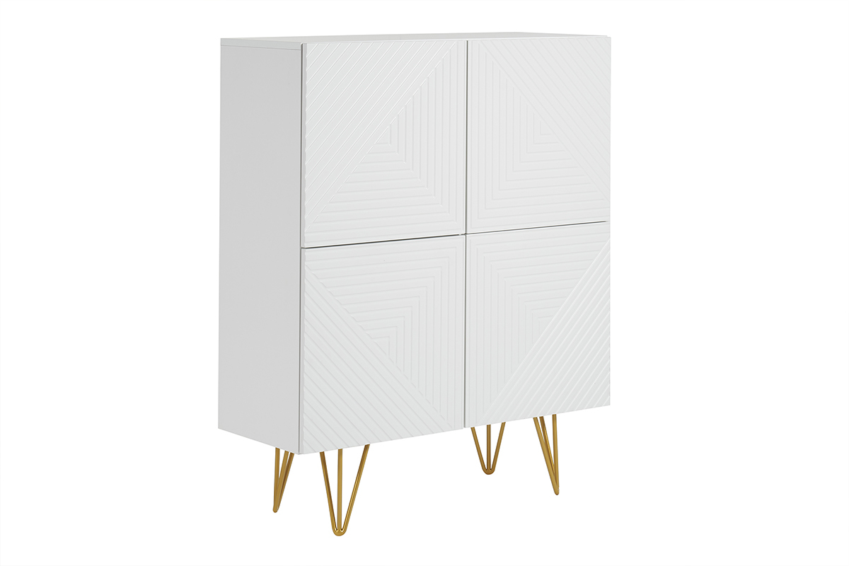 Aparador alto de diseo con 4 puertas y grabados de metal blanco mate y dorado 86 cm OZEN