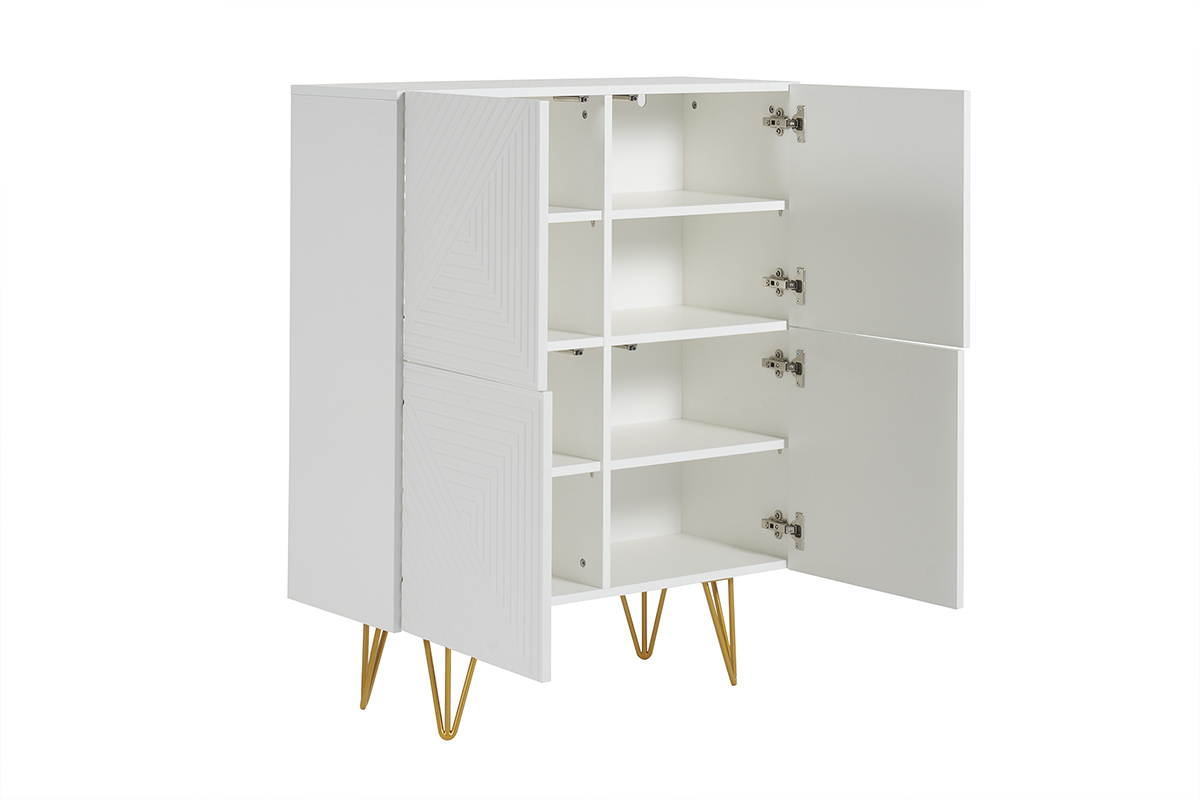 Aparador alto de diseo con 4 puertas y grabados de metal blanco mate y dorado 86 cm OZEN