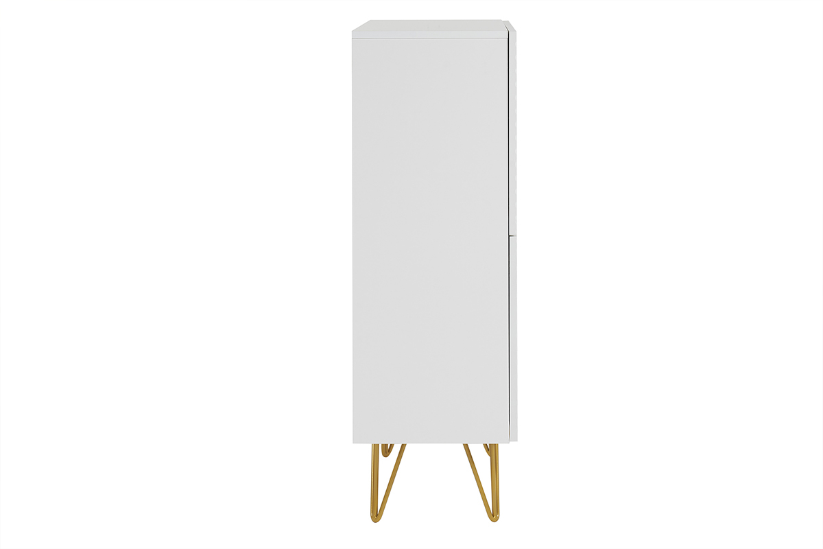 Aparador alto de diseo con 4 puertas y grabados de metal blanco mate y dorado 86 cm OZEN