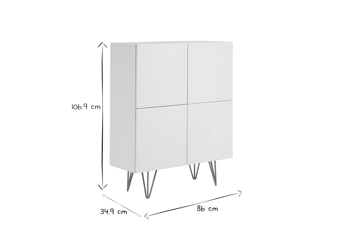 Aparador alto de diseo con 4 puertas y grabados de metal blanco mate y dorado 86 cm OZEN
