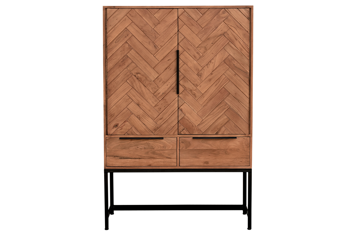 Aparador alto de madera maciza en espiga y metal negro con 2 puertas y 2 cajones STICK