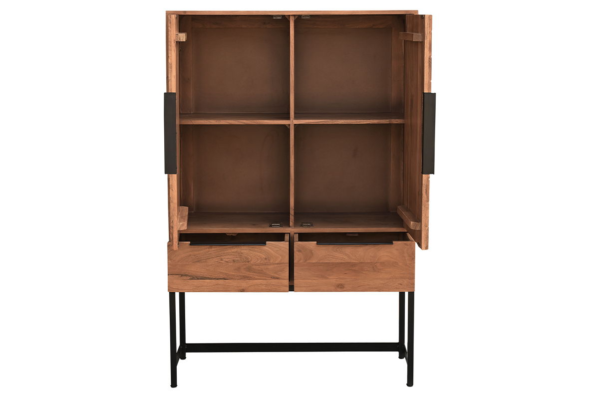 Aparador alto de madera maciza en espiga y metal negro con 2 puertas y 2 cajones STICK