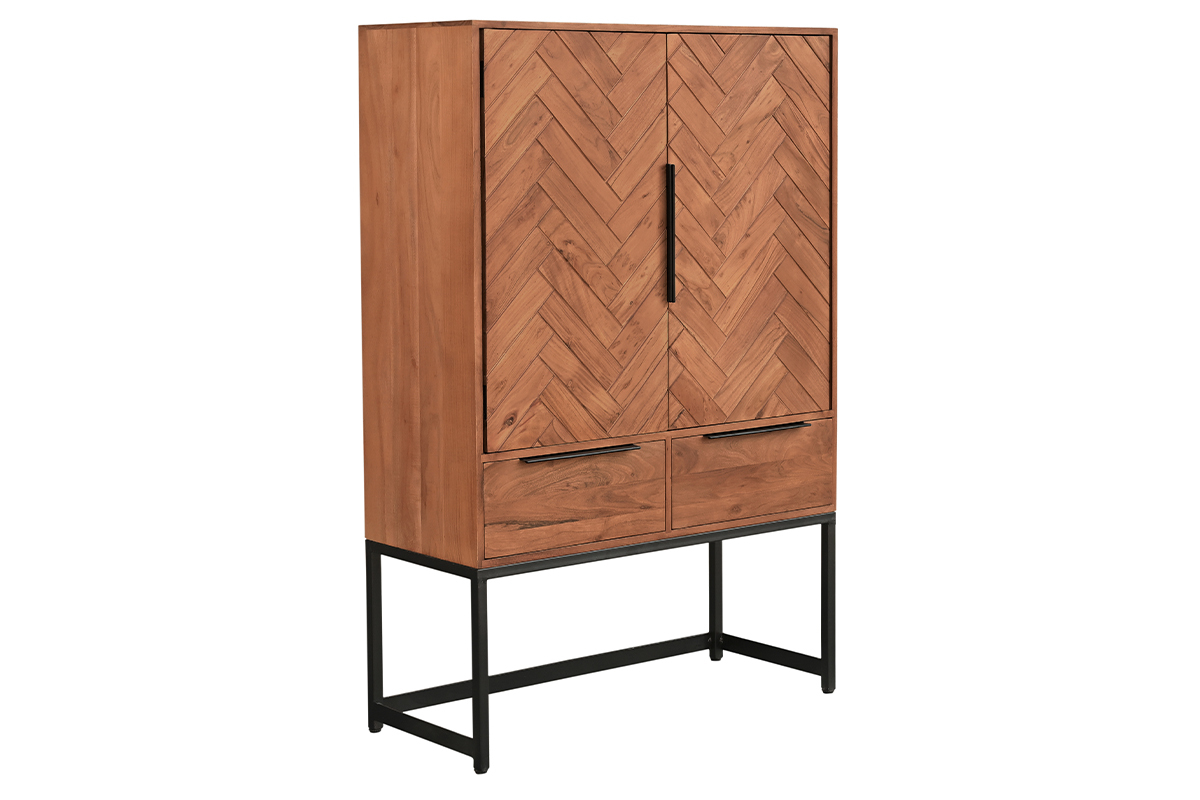 Aparador alto de madera maciza en espiga y metal negro con 2 puertas y 2 cajones STICK