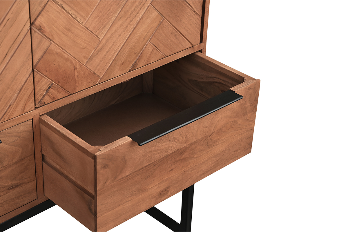 Aparador alto de madera maciza en espiga y metal negro con 2 puertas y 2 cajones STICK