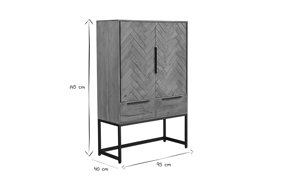 Aparador alto de madera maciza en espiga y metal negro con 2 puertas y 2 cajones STICK