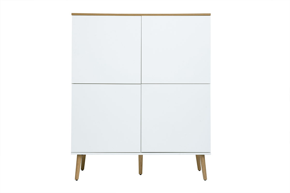 Buffet alto escandinavo ANDERS blanco con tapa de roble claro, cuatro puertas y patas de madera, vista frontal.