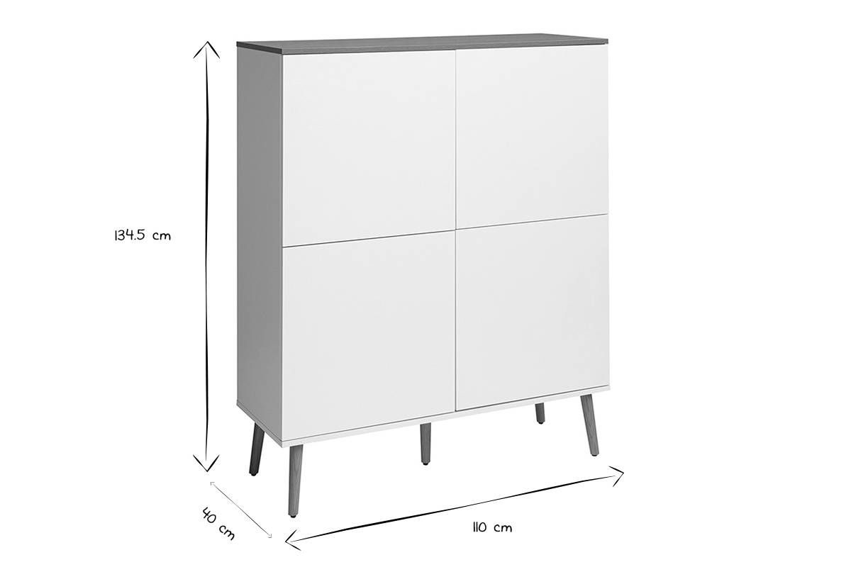 Buffet alto escandinavo ANDERS, dimensiones L110 x P40 x H134,5 cm en negro y blanco.