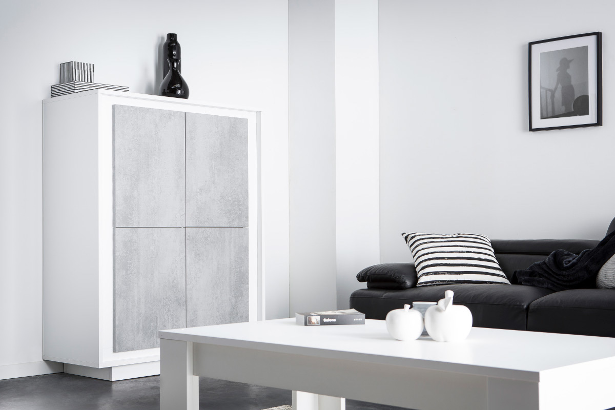 Aparador alto moderno 4 puertas blanco y decoracin cemento LAND