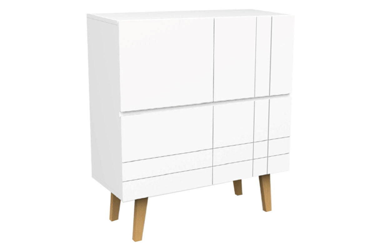 Aparador alto moderno lacado blanco mate y madera ADORNA