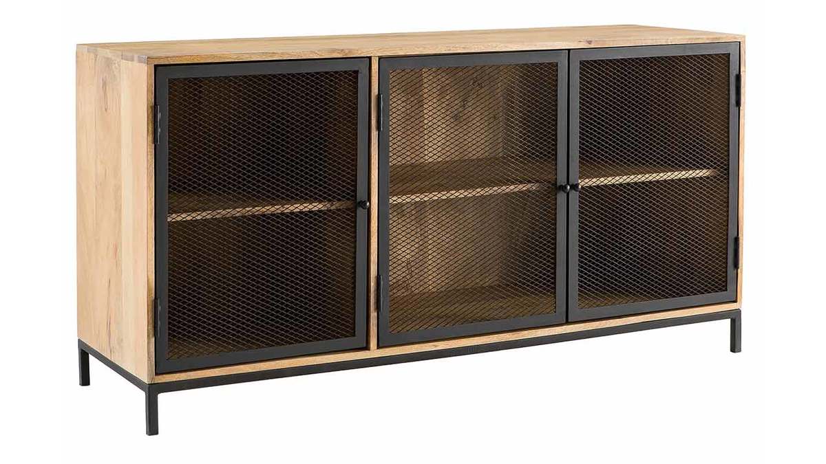 Aparador bajo industrial en madera de mango y metal perforado RACK