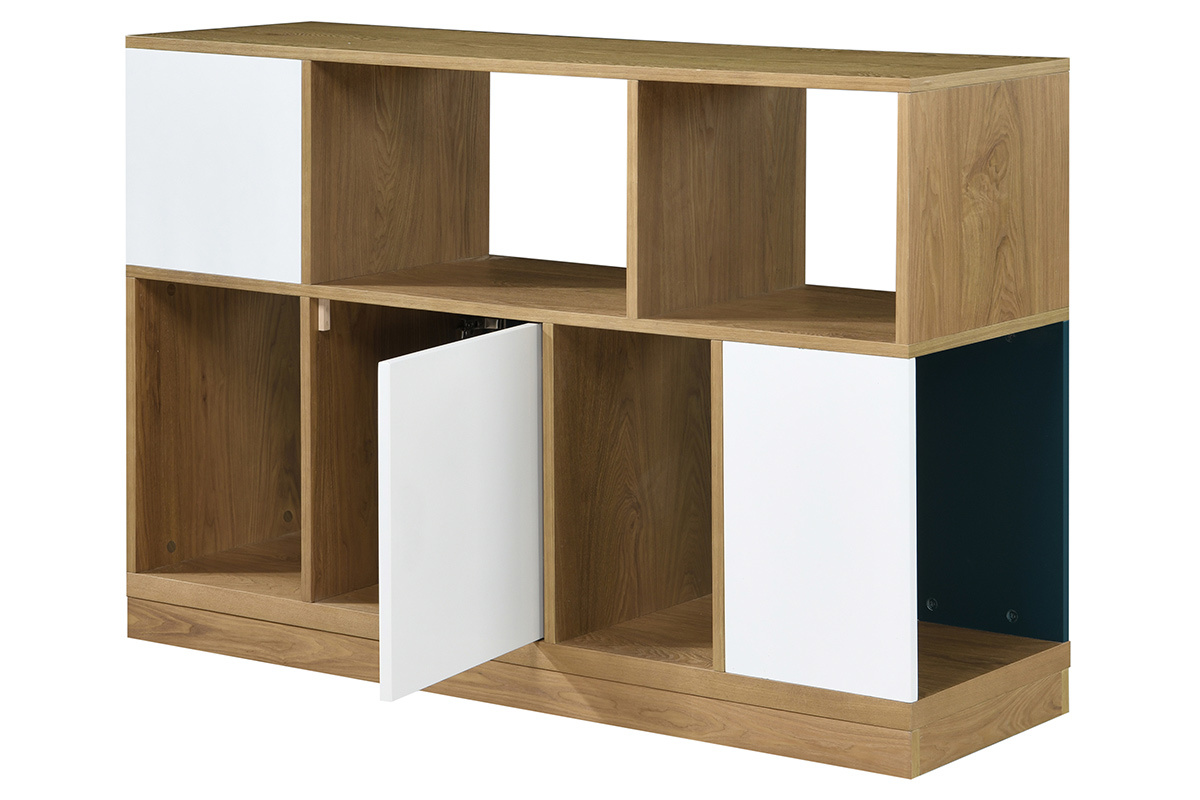 Aparador bajo puertas reversibles azul petrleo y blanco JODIE