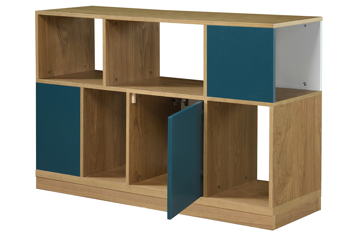 Aparador bajo puertas reversibles azul petrleo y blanco JODIE