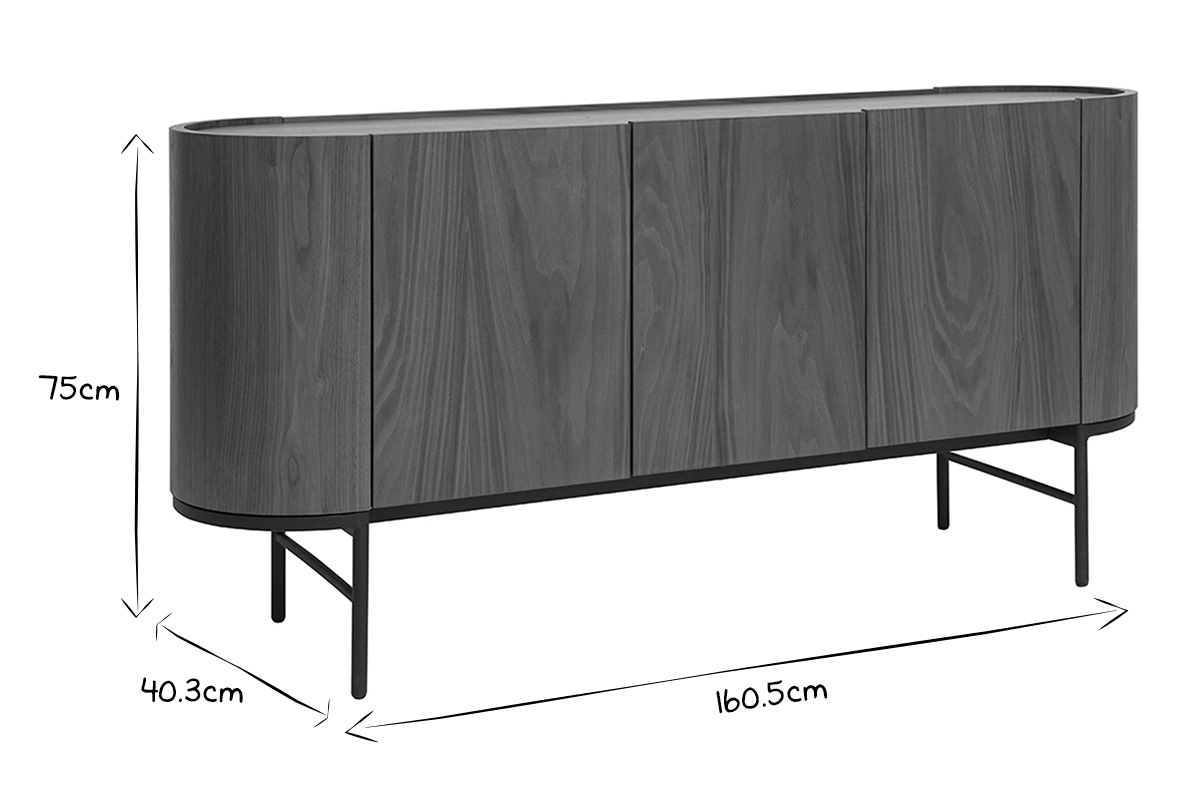 Aparador con 3 puertas de nogal oscuro y metal negro 160 cm SKYE