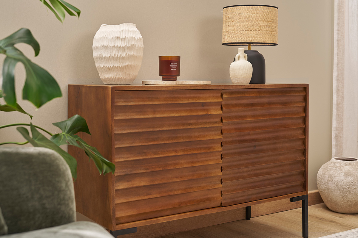 Aparador de 2 puertas de madera oscura maciza de mango y metal negro 100 cm ONDA