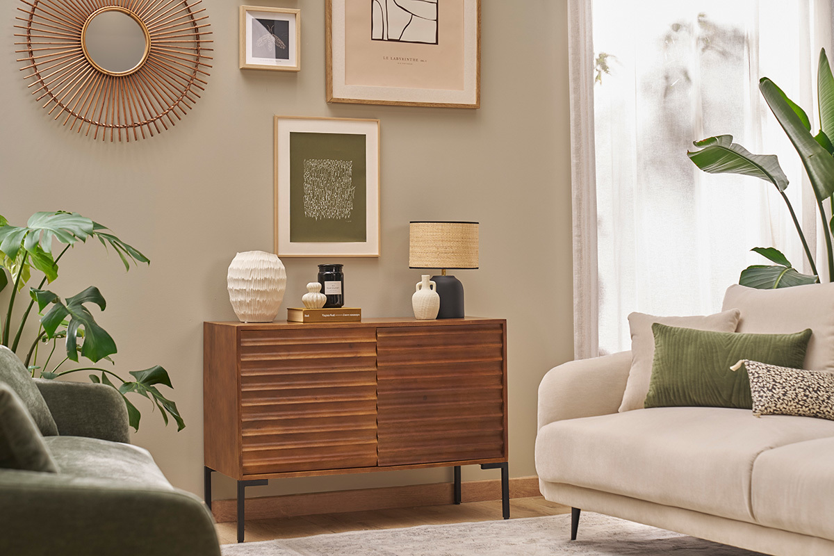 Aparador de 2 puertas de madera oscura maciza de mango y metal negro 100 cm ONDA
