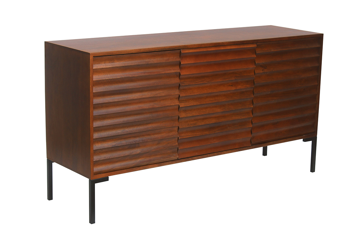 Aparador de 3 puertas de madera oscura maciza de mango y metal negro 140 cm ONDA