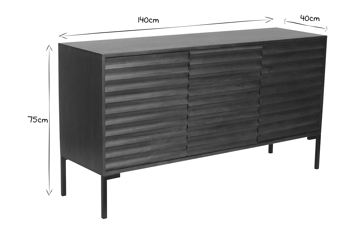 Aparador de 3 puertas de madera oscura maciza de mango y metal negro 140 cm ONDA
