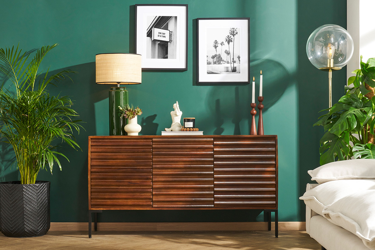 Aparador de 3 puertas de madera oscura maciza de mango y metal negro 140 cm ONDA