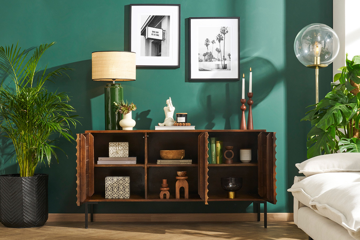 Aparador de 3 puertas de madera oscura maciza de mango y metal negro 140 cm ONDA