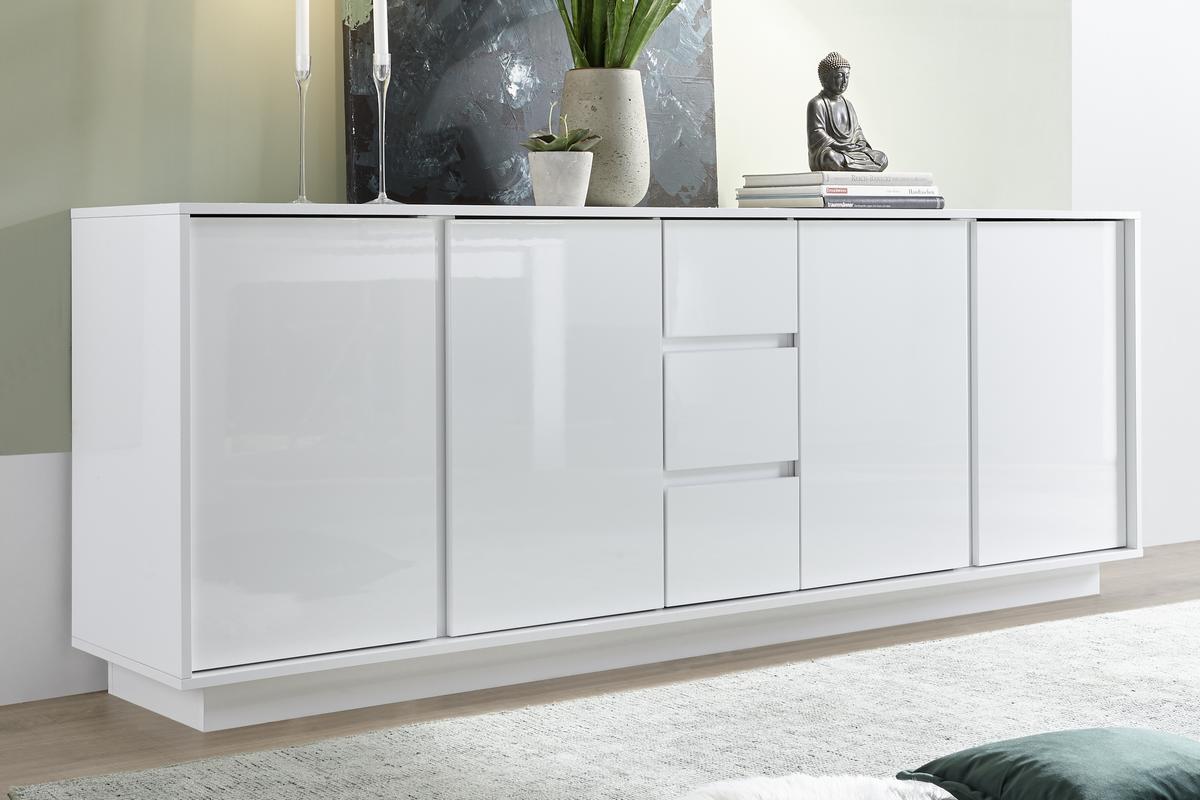 Aparador de 4puertas con 3cajones blanco lacado brillante 210 cm COMO