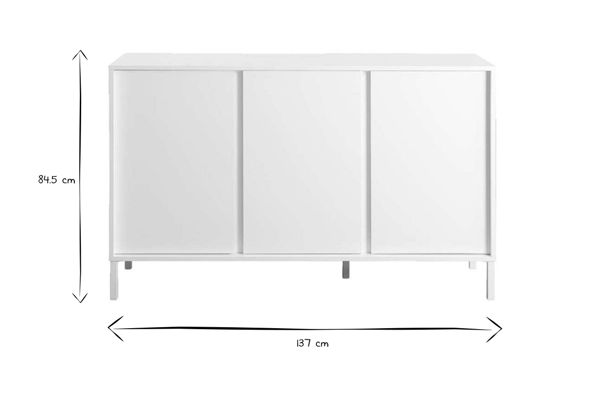 Aparador de diseo 3puertas lacado blanco con patas de metal blanco 137cm MIKY