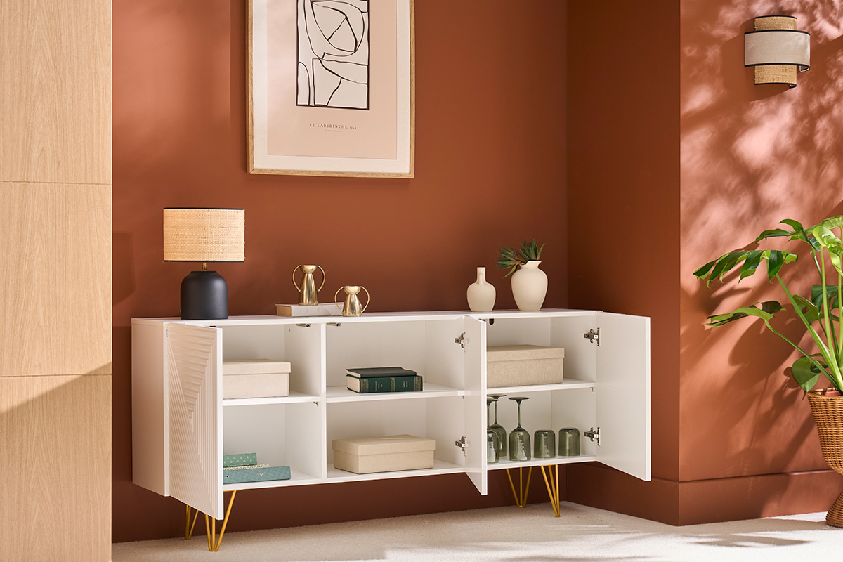 Aparador de diseo blanco y dorado 160cm anchura OZEN
