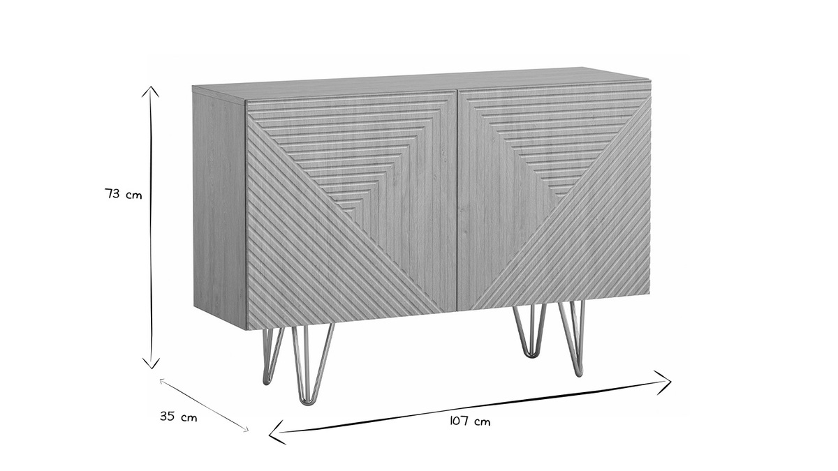 Aparador de diseo de madera de roble claro con grabados y metal dorado 2 puertas 107 cm OZEN