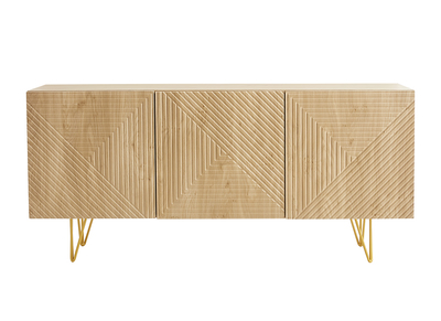 Aparador de diseño de madera de roble claro con grabados y metal dorado 3 puertas 160 cm OZEN