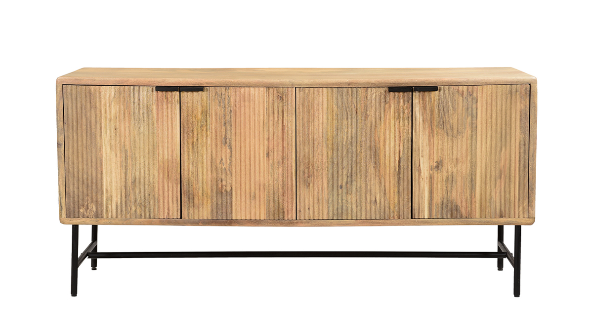 Aparador de madera maciza de mango con grabados y metal negro, 4 puertas 160 cm MORISSON