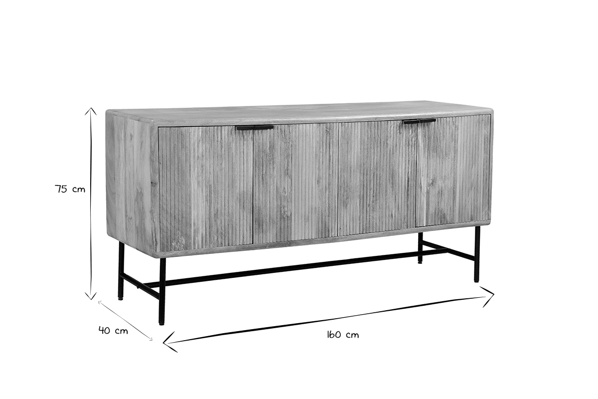 Aparador de madera maciza de mango con grabados y metal negro, 4 puertas 160 cm MORISSON